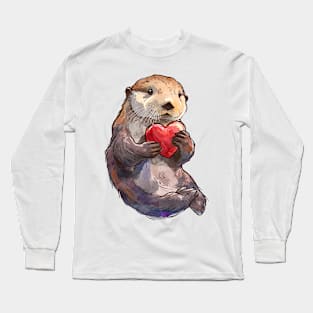 Valentine Sea Otter Holding Heart Long Sleeve T-Shirt